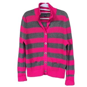 Tommy Hilfiger Magenta Pink & Gray Stripe Button Down Cardigan Sweater Size XL